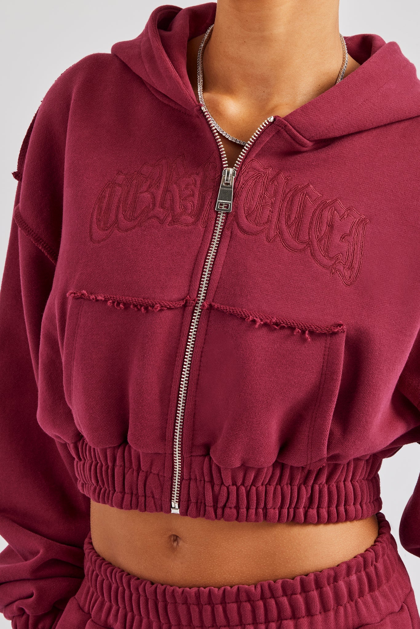 Cropped Exposed Seam Zip Through Hoodie - Cherry Red